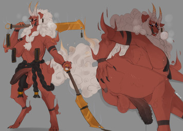 anthro anus areola balls big_breasts big_butt big_penis biped black_penis black_sclera blue_eyes braided_hair breasts butt claws digitigrade fangs finger_claws fur genitals grey_background gynomorph hair hand_on_butt holding_melee_weapon holding_object holding_sword holding_weapon horn intersex lying melee_weapon on_side paws penis red_body red_fur simple_background solo spiked_penis spikes spikes_(anatomy) spread_butt spreading sword teeth toe_claws weapon white_hair wide_hips lvlirror asian_mythology east_asian_mythology japanese_mythology mythology canid canid_demon canine demon mammal oni yokai 2022 absurd_res digital_media_(artwork) hi_res