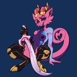 anthro blush breasts claws clothing covering covering_crotch covering_vulva ear_piercing eyebrows eyeshadow female fingers glowing glowing_markings horn jewelry leaning leaning_backward legwear looking_at_viewer makeup markings melee_weapon piercing pink_body purple_body small_breasts solo stockings sword tail weapon bigmoon206 kiz_emberscale_(dat_otter) kobold scalie 1:1 2024 alpha_channel digital_media_(artwork) hi_res