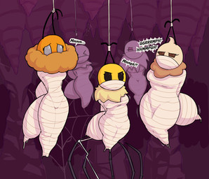 2_antennae >_< ambiguous_gender antennae_(anatomy) anthro arthropod_abdomen arthropod_webbing black_antennae black_eyes black_text bound breasts brown_eyes cave ellipsis exclamation_point eyelashes eyes_closed female female_anthro female_focus group half-closed_eyes irregular_speech_bubble medium_breasts mostly_offscreen_ambiguous muffled narrowed_eyes orange_body size_difference speech_bubble spider_web stinger tan_body text trio_focus web_bondage white_speech_bubble yellow_body harrace-harrison bug_fables moonsprout_games bea_(bug_fables) fluffy_(bug_fables) vi_(bug_fables) arachnid arthropod bee hymenopteran insect spider 2023 digital_media_(artwork) hi_res