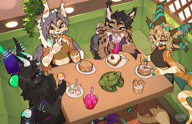 anthro biped bottomwear breasts claws clothed clothed_anthro clothed_female clothing countershade_torso countershading feathers female fingers front_view fully_clothed fully_clothed_anthro fully_clothed_female fur group hair inside sitting smile spots tail topwear trio wings cocoline_(artist) avian bat bird domestic_cat felid feline felis hybrid lynx mammal 2026 digital_drawing_(artwork) digital_media_(artwork) hi_res