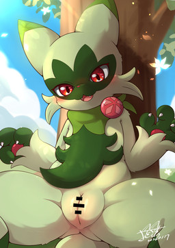3_fingers anthro censor_bar censored_genitalia censored_vulva claws cute_fangs fangs female fingers fur genitals green_body green_ears green_fur green_tail open_mouth pawpads paws pink_eyes pink_nose red_eyes solo spread_legs spreading tail teeth thick_thighs vulva wide_hips feith-zr nintendo pokemon felid feline floragato generation_9_pokemon mammal pokemon_(species) 2026 censored hi_res