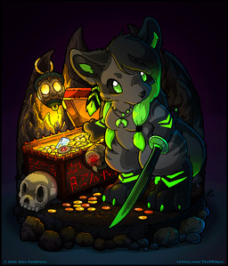 anthro black_body black_border black_fur black_hair black_nose bone border breasts chibi crystal featureless_breasts female fur green_eyes green_hair hair melee_weapon nude skull solo sword text weapon o-kemono neonwolf canid canine canis mammal wolf 2020 digital_drawing_(artwork) digital_media_(artwork) url