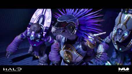 ambiguous_gender anthro arm_quills arm_wraps armor group hands_behind_back headgear helmet pupils purple_quills quill_hair slit_pupils trio wraps yellow_eyes halo_studios 343_industries halo_(series) microsoft xbox_game_studios alien kig-yar ruuhtian scalie unggoy colored hi_res letterbox official_art