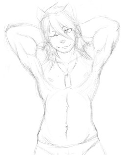 anthro athletic athletic_anthro athletic_male biceps clothing dog_tags hair hands_behind_head jewelry looking_at_viewer male muscular muscular_anthro muscular_male navel necklace nipples one_eye_closed pecs short_hair smile solo speedo standing swimwear wink winking_at_viewer nukde morenatsu kouya_aotsuki canid canine canis domestic_dog husky mammal nordic_sled_dog spitz 2015 monochrome sketch