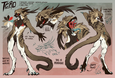 anthro biped blue_eyes blue_tongue claws ear_piercing exaggerated_mastectomy_scar fangs fur fur_markings long_tongue male markings mastectomy_scar open_mouth paws piercing prehensile_tail scar solo standing tail tan_body tan_fur teeth text toe_claws tongue visibly_trans white_body white_fur tero_(artist) mythology tero_(character) avian bird dragon hybrid lapwing mammal mythological_creature mythological_scalie scalie shorebird viverrid english_text hi_res model_sheet nonbinary_(lore)