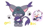 anthro black_claws blush claws duo food horn kerchief male onigiri rice white_body uni_hkdm_gsg bandai_namco digimon digimon_ghost_game gammamon_(ghost_game) blackgatomon_uver. ceratopsian digimon_(species) dinosaur domestic_cat felid feline felis gammamon mammal ornithischian prehistoric_species reptile scalie triceratops