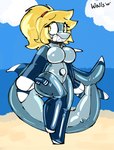 anthro blonde_hair blue_body breasts collar featureless_breasts female glistening glistening_body hair handle heart_symbol inflatable looking_aside on_one_leg outside permagrin ponytail smile solo standing yellow_eyes wallswallswalls jenny_(eva_drone) animate_inanimate fish living_inflatable marine shark 2022 absurd_res hi_res