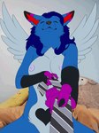 anthro blue_body blue_fur breasts feathers female first_person_view fur necktie nipples solo tail tail_motion tailwag wings conditional_dnp fricken_stoat kristina canid canine fox mammal animated hi_res short_playtime