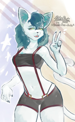 anthro blue_hair female gesture green_eyes hair hand_gesture solo v_sign white_body tt3trop4ck sofie_lux domestic_cat felid feline felis mammal absurd_res hi_res