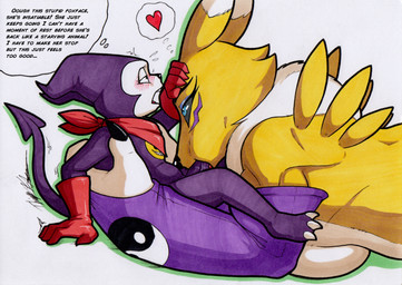 anthro balls black_sclera blue_eyes blush bodily_fluids clothing duo fellatio female fur genital_fluids genitals gloves handwear larger_female male male/female oral penile penis sex simple_background size_difference small_dom_big_sub smaller_male tail white_background white_body white_fur yellow_body yellow_fur rotten_owl bandai_namco digimon digimon_(species) impmon renamon hi_res traditional_media_(artwork)