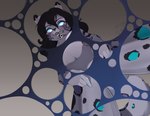 anthro askart black_hair blue_sclera breasts chest_tuft convenient_censorship dipstick_ears ear_markings fangs felid female fur grey_body hair hand_on_crotch hi_res mammal multicolored_ears navel nude solo teeth tuft uncensored_version_at_source