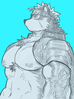 abs anthro asian_clothing black_body black_fur black_hair body_hair chest_hair clothing east_asian_clothing fur gakuran hair japanese_clothing japanese_school_uniform kerchief looking_at_viewer looking_down looking_down_at_viewer male muscular muscular_male navel nipples pecs school_uniform solo uniform white_body white_fur white_hair yellow_eyes umyuta lifewonders tokyo_afterschool_summoners horkeu_kamui_(tas) canid canine canis mammal wolf 3:4 absurd_res half-length_portrait hi_res portrait