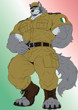 anthro arm_tuft barazoku beard belt beret biceps big_hands big_muscles biped black_nose bottomwear claws clothed clothing facial_hair feet fluffy fluffy_tail footwear fur grey_body grey_fur hand_on_belt hat headgear headwear huge_muscles italian_flag looking_at_viewer male military military_uniform muscular muscular_anthro muscular_male pants pawpads pecs pockets shirt simple_background smile solo standing tail teeth toeless_footwear toes topwear tuft uniform wolf_ears yellow_eyes xyandrith canid canine canis mammal wolf absurd_res hi_res
