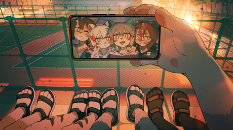 4_toes 5_fingers anthro blue_body blue_fur electronics fangs feet fingers first_person_view fur gesture group hand_gesture happy holding_object holding_phone male open_mouth pawpads phone selfie sitting taking_picture taking_selfie teeth toes v_sign white_body white_fur young young_anthro young_male toye2004 canid canine canis domestic_dog mammal 2025 absurd_res chinese_description hi_res