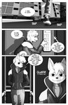 4_fingers absurd_res adolescent anthro black_and_white bottomwear building canid canine canis clark_(smoothlabs) clothed clothing comic detailed_background dialogue digital_media_(artwork) domestic_dog elevator english_text fence fingers footwear hi_res mammal monochrome pants shoes sky smile smoothlabs street sweater text topwear turtleneck young