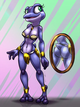 anklet anthro armor big_breasts big_butt bikini_armor bottomwear bracelet breasts butt clothing cross_pupils exposure_variation feet female front_view gold_(metal) gold_armor gold_jewelry green_background green_eyes jewelry loincloth looking_away looking_up membrane_(anatomy) mirror necklace open_mouth pattern_background pupils purple_background purple_body purple_skin rear_view short_tail simple_background solo standing striped_background symbol-shaped_pupils tail toes unconvincing_armor unusual_pupils webbed_feet bassybefuddle conditional_dnp sarina_(ultilix) amphibian frog 2020 3:4 hi_res