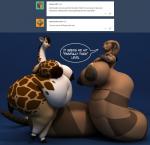 anthro apode belly big_belly big_breasts breasts duo female fur hair huge_breasts hyper hyper_breasts legless lips nipples non-mammal_breasts non-mammal_nipples nude obese overweight serpentine simple_background smile snake_hood standing text wide_hips anthroanim jamila_queen_cobra kenja_giraffe cobra draconcopode giraffe giraffid mammal naga reptile scalie snake 3d_(artwork) digital_media_(artwork) english_text