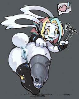 anthro big_butt blue_insides blue_mouth blue_tongue blue_vulva blush bodily_fluids butt clothing female genital_fluids genitals gesture hair legwear multicolored_hair sex_toy solo speech_bubble spread_vulva spreading suggestive suggestive_gesture sweat thick_thighs thigh_highs tongue unusual_insides vaginal_fluids vibrator vulva white_body puinkey_(artist) piczel lagomorph leporid mammal rabbit digital_media_(artwork) hi_res