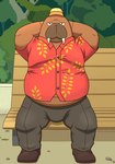 anthro belly bench big_belly bottomwear brown_body bulge clothing detailed_background hat headgear headwear male overweight overweight_male pants plant shirt sitting solo topwear tree harushipanda odd_taxi hiroshi_odokawa_(odd_taxi) mammal marine pinniped walrus 2022 absurd_res hi_res