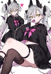 :3 black_clothing black_gloves black_handwear black_horn black_ribbon bottomwear candy clothing crossed_legs dessert ear_piercing female food gloves green_eyes grey_hair hair handwear horn legwear lollipop long_hair looking_at_viewer miniskirt one_fang piercing pink_ribbon pupils sailor_uniform skirt slit_pupils small_wings solo sparkles stockings twintails_(hairstyle) wings roabe fate_(series) type-moon lilith_(fate) demon demon_humanoid humanoid hi_res