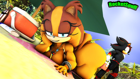anthro beach beach_towel beach_umbrella bedroom_eyes big_butt body_hair butt chest_hair clothed clothing cooler duo female jewelry looking_at_butt looking_at_viewer male narrowed_eyes one-piece_swimsuit parasol ring seductive sling_bikini surprised swimwear topless topless_male towel rocketspuff kabalmystic_(modeler) sega sonic_boom sonic_the_hedgehog_(series) shadow_the_hedgehog sticks_the_jungle_badger badger eulipotyphlan hedgehog mammal mustelid musteline 16:9 3d_(artwork) digital_media_(artwork) hi_res widescreen