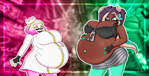 belly big_belly big_breasts black_clothing black_eyebrows black_fingerless_gloves black_gloves black_hair black_handwear black_topwear blonde_eyebrows blonde_hair both_pregnant bottomwear breasts brown_body brown_skin buckteeth clothing duo ear_piercing eyebrows eyelashes female fingerless_gloves gloves green_bottomwear green_clothing green_eyes green_hair green_pants grey_bottomwear grey_clothing grey_shorts hair hand_on_belly hand_on_own_belly handwear headgear headwear huge_belly huge_breasts humanoid_pointy_ears markings mole_(marking) multicolored_hair multiple_pregnancies navel navel_piercing not_furry open_mouth open_smile outie_navel pants piercing pink_bottomwear pink_clothing pink_hair pink_pants pointy_ears pregnant pregnant_female pregnant_humanoid pseudo_hair red_mouth red_tongue ring_(jewelry) shorts smile tan_body tan_ears tan_skin teeth tentacle_hair tentacles text three-quarter_view tight_clothing tongue topwear white_clothing white_headwear white_topwear yellow_eyes zipper inklovingggg nintendo splatoon marina_(splatoon) pearl_(splatoon) animal_humanoid aquatic aquatic_humanoid cephalopod cephalopod_humanoid humanoid inkling mollusk mollusk_humanoid octarian octoling 2026 absurd_res artist_name cel_shading colored digital_media_(artwork) hi_res portrait shaded three-quarter_portrait
