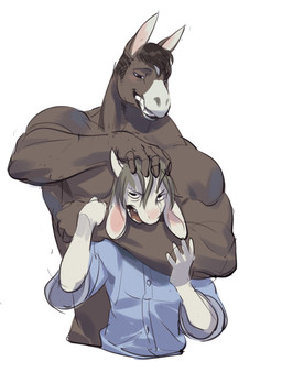 annoyed anthro clothed clothed_anthro clothed_male clothing collared_shirt duo floppy_ears head_rub horn hug hugging_another hugging_from_behind intimate kemono male male/male pointy_ears romantic romantic_couple shirt smile smiling_at_another topless topless_anthro topless_male topwear sublamy123 cody_(falcon_mccooper) william_(falcon_mccooper) bovid caprine equid equine goat horse mammal