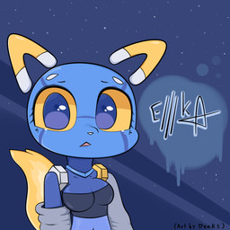 anthro blue_body blue_eyes breasts female looking_at_viewer mascot navel open_mouth simple_background solo tail denks e621 esix felid mammal 1:1 2024 absurd_res digital_media_(artwork) hi_res