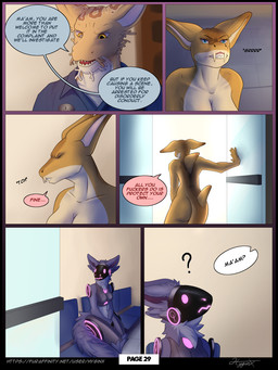 anthro body_control breasts chair clothing confusion dialogue door doorway furniture machine police police_officer police_uniform profanity sitting socket_(app) speech_bubble text transformation uniform hyginx siri_(hyginx) zael_(hyginx) carpet_shark fish ginglymostomatid marine nurse_shark protogen shark wobbegong 3:4 comic english_text hi_res