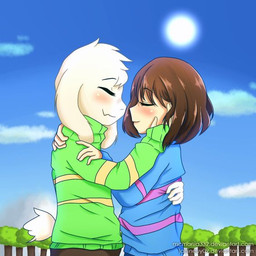 ambiguous_gender blush clothed clothing duo eyes_closed holding_head male mcmania332 sky sun young janineuy09_(artist) undertale undertale_(series) asriel_dreemurr frisk_(undertale) boss_monster_(undertale) bovid caprine human mammal monster 1:1