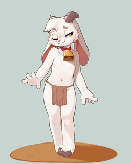 2_horns 4_fingers amber_eyes anthro arm_tuft bell bell_collar biped blush bottomwear brown_bottomwear brown_clothing brown_loincloth bulge cheek_tuft closed_smile clothed clothed_anthro clothed_male clothing collar eyebrow_through_hair eyebrows facial_tuft fingers floppy_ears fur grey_eyebrows hair half-closed_eyes hooves horizontal_pupils horn loincloth looking_aside lop_ears male male_anthro mouth_closed narrowed_eyes navel neck_tuft one_eye_closed pink_inner_ear pupils red_collar scut_tail short_tail shoulder_tuft simple_background smile solo tail translucent translucent_hair tuft white_body white_fur white_tail young young_anthro young_male ajin ramsay_hornbrook bovid caprine goat mammal 2025 4:5 dated digital_media_(artwork) hi_res signature