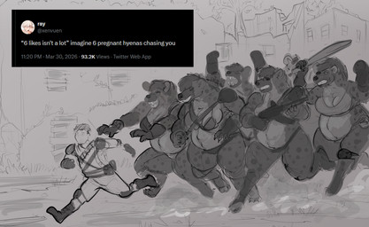anthro belly big_belly big_breasts breasts chasing female fur group human_on_anthro interspecies interspecies_pregnancy male male/female markings pregnant pregnant_anthro pregnant_female running spots spotted_body spotted_fur text doctordj human hyena mammal english_text hi_res