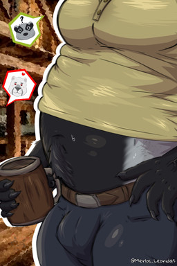 5_fingers anthro beer_mug belly bodily_fluids bottomwear bulge close-up clothing container cup fingers fur heart_symbol holding_container holding_cup holding_object male nails pants question_mark shirt solo sweat sweatdrop topwear merlocleonidas echo_(game) echo_(series) echo_project stop_putting_this_image_on_my_timeline_you're_making_me_act_up_(meme) the_smoke_room nikolai_krol samuel_ayers badger cougar felid feline mammal mustelid musteline 2025 hi_res
