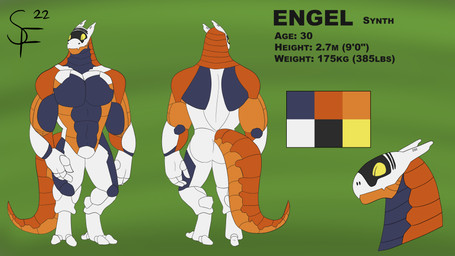anthro blue_body digitigrade machine male muscular muscular_anthro muscular_humanoid muscular_male orange_body pecs screen screen_face simple_background solo standing synthetic tail text turnaround white_body yellow_eyes natsutheott engel_(natsutheott) android humanoid robot synth_(vader-san) 16:9 2022 4k absurd_res digital_media_(artwork) english_text flat_colors headshot_portrait hi_res model_sheet portrait widescreen