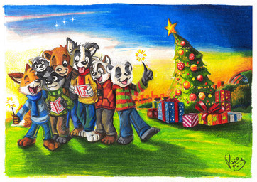 anthro barefoot black_body black_fur blue_bottomwear blue_clothing blue_pants blue_scarf blue_sky blue_topwear bottomwear brown_body brown_bottomwear brown_clothing brown_fur brown_pants christmas_tree clothed clothing eyes_closed fangs feet fur gift green_clothing green_scarf green_topwear grey_body grey_fur group happy holding_sparkler holidays logo male male_anthro one_eye_closed open_mouth open_smile orange_body orange_fur orange_sky outside pants plant red_clothing red_scarf red_topwear scarf sky smile star sunset teeth topwear tree white_body white_fur yellow_clothing yellow_topwear young young_anthro young_male pandapaco christmas art_(pandapaco) biro_(pandapaco) julio_(pandapaco) nemorio parinton roni_(imroni) bear border_collie brown_bear canid canine canis collie domestic_dog fox giant_panda grizzly_bear herding_dog mammal pastoral_dog procyonid raccoon sheepdog ursine artist_logo signature