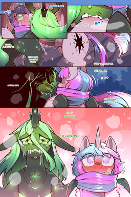 bite biting_another blush blushing_profusely bodily_fluids crying cute_fangs cutie_mark dialogue duo ellipsis erection fangs female feral fur genitals green_eyes gynomorph gynomorph/female horn intersex intersex/female penis purple_body purple_eyes purple_fur quadruped question_mark scarf side_view sleeping sound_effects sparkles tail tears teeth text vowelless vowelless_sound_effect zzz cold-blooded-twilight friendship_is_magic hasbro my_little_pony mythology queen_chrysalis_(mlp) twilight_sparkle_(mlp) changeling equid equine horse mammal mythological_creature mythological_equine pony unicorn 2025 2:3 comic english_text hi_res