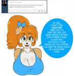anthro big_breasts breasts brown_body brown_fur canid canine canis clothed clothing domestic_dog english_text female fur green_eyes hair hi_res huge_breasts kibbles_(uberquest) long_hair mammal multicolored_body multicolored_fur nipple_outline open_mouth orange_hair shirt skidd smile solo text topwear two_tone_body two_tone_fur uberquest white_body white_fur