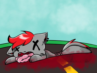 ambiguous_gender anthro blood blood_splatter bodily_fluids ear_piercing entrails gore guts organs piercing road roadkill solo x_eyes v3sterp0nk mythology cody_doom_n_gloom_(v3sterp0nk) canid canid_demon canine demon hellhound mammal mythological_canine mythological_creature 4:3 hi_res