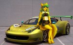 anthro blue_eyes blue_hair breasts butt car clothed clothing detailed_background ear_piercing female fluffy fluffy_tail fur green_hair hair multicolored_body multicolored_fur multicolored_hair open_mouth open_smile piercing sitting smile solo tail teeth two_tone_body two_tone_fur two_tone_hair vehicle white_body white_fur yellow_body yellow_fur mifa ferrari gran_turismo sony_corporation sony_interactive_entertainment rachel_(calithya) canid canine canis mammal wolf 3d_(artwork) digital_media_(artwork)