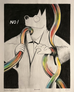 5_fingers anthro black_background border cloak clothing fingers forced holding_tentacle male multicolored_tentacles scared simple_background solo tentacles text sharkinthepark dr_knot_(sharkinthepark) canid canine mammal 2026 4:5 absurd_res charcoal_(artwork) comic english_text hi_res pastel_(artwork) traditional_media_(artwork)