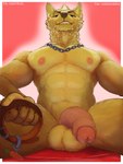 anthro balls big_balls big_penis chain_necklace collar foreskin fur genitals green_eyes humanoid_genitalia humanoid_penis jewelry looking_at_viewer looking_down looking_down_at_viewer male muscular muscular_anthro muscular_male necklace nipples nude pecs penis sitting solo teeth yellow_body yellow_fur asatrua carrotwolf canid canine canis mammal wolf hi_res