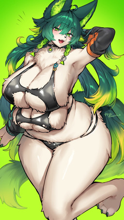 4_breasts amagami_shinia anthro big_breasts bikini braided_hair breasts clothing female green_background green_eyes green_hair hair huge_breasts long_hair multi_breast simple_background swimwear two-piece_swimsuit suurin_2 canid canine canis coyote mammal 9:16 hi_res