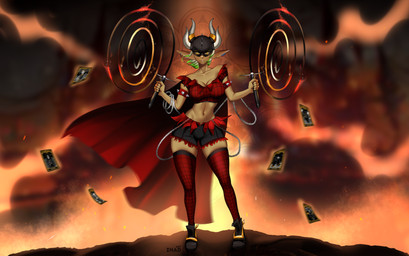 armor belly breasts card chain clothing ear_piercing ear_ring female fire headgear hell helmet horn legwear piercing ring_piercing solo stockings thorns whip zhadart humanoid mammal digital_media_(artwork) hi_res