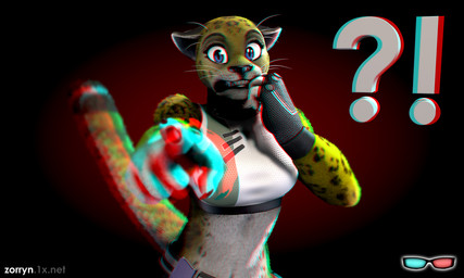 anthro big_eyes biped black_lips black_nose blue_eyes clothing crop_top exclamation_point female finger_to_mouth fingerless_gloves fur gesture gloves gradient_background hand_gesture hand_on_face handwear interrobang lips looking_at_viewer multicolored_body multicolored_fur perspective pointing pointing_at_viewer question_mark shirt simple_background solo spots standing surprised tail teeth topwear two_tone_body two_tone_fur yellow_body yellow_fur zorryn vivon felid mammal pantherine tiger 3d_(artwork) 5:3 anaglyph digital_media_(artwork) stereogram