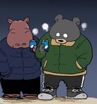 biped black_body black_nose bottomwear can clothing container duo eyes_closed footwear kemono pants sandals shoes slightly_chubby sweater topwear yuumin148 bear black_bear common_hippopotamus hippopotamid mammal moon_bear ursine 2022 hi_res