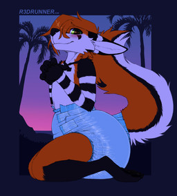 abdl anthro big_diaper black_body black_fur black_pawpads blue_diaper blush blush_lines diaper ears_back embarrassed fur green_eyes kneeling looking_at_viewer male multicolored_body multicolored_fur orange_body orange_fur outside pawpads pivoted_ears raised_tail shy side_view solo tail text white_body white_fur r3drunner canid canine fox mammal 2025 full-length_portrait hi_res portrait url