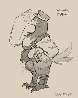 anklet anthro bulge feather_hands feathered_wings feathers jewelry looking_at_viewer male smile solo tail tail_feathers text wings daftpatriot avian bird carrier_pigeon columbid pigeon english_text hi_res monochrome