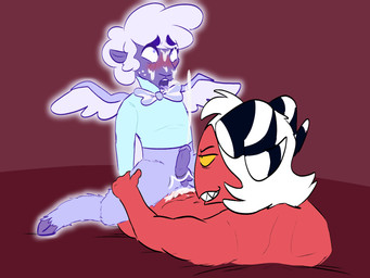 ahegao anal anal_orgasm anal_penetration anthro bodily_fluids cowgirl_position cum cum_inside cum_on_face cum_on_own_face cum_on_own_tongue cum_on_self cum_on_tongue cum_while_penetrated duo ejaculation from_front_position genital_fluids genitals hands-free looking_pleasured male male/male male_on_bottom male_on_top male_penetrated male_penetrating male_penetrating_male on_bottom on_top open_mouth orgasm penetration penis sex simultaneous_orgasms spread_legs spreading straddling tongue conditional_dnp humgeronimo hellaverse helluva_boss collin_(helluva_boss) moxxie_(helluva_boss) angel bovid caprine cherub demon imp mammal sheep 4:3 hi_res