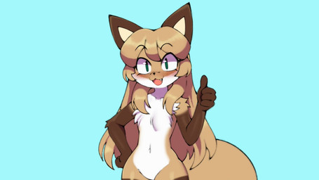 anthro brown_body brown_fur fangs female fluffy fluffy_tail fur green_eyes happy standing tail teeth white_body white_fur conditional_dnp voider_(artist) averi_(fiddleafox) canid canine fox mammal 16:9 widescreen