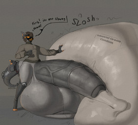 anthro balls balls_on_ground big_balls big_penis bodily_fluids bottomless bottomless_anthro bottomless_male catch_condom clenching_balls clothed clothing condom cum dialogue drooling ejaculation erection excessive_cum excessive_genital_fluids filled_condom fin foreskin genital_fluids genitals glistening glistening_balls glistening_genitalia glistening_penis huge_balls huge_penis humanoid_genitalia humanoid_penis hyper hyper_balls hyper_genitalia hyper_penis machine male male_anthro motion_lines open_mouth penis profanity pubes saliva scrotum_flap sexual_barrier_device shark_tail shirt slosh solo sound_effects sweater tail tail_fin text topwear turtleneck vein veiny_penis visor wearing_condom ace0t0nic ethan_(humbug) aquatic fish hybrid protogen absurd_res digital_drawing_(artwork) digital_media_(artwork) english_text hi_res